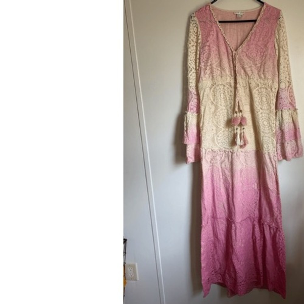 Venus Womens Long Crochet Embroidered Pink White Floral Ombre Maxi Dress sz M - Picture 4 of 13